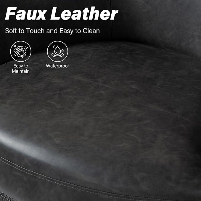 Swivel Barrel Chair Modern Round PU Leather Accent Armchair for Living Room Bedroom Comfy Club Reading Chairs for Adults (Leather Black Grey Set of 1)