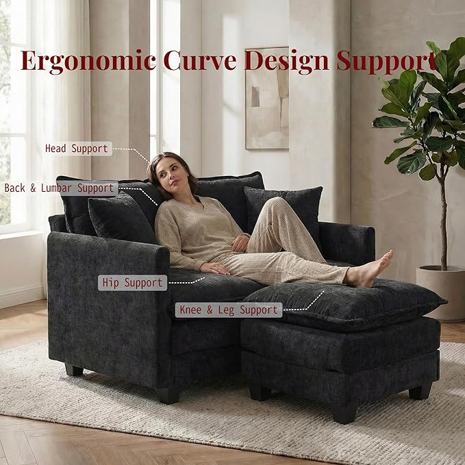 KYJ 50 Loveseat Sofa Couch with Ottoman 2 Seater Couch Small Compact Chenille Cloud Sofa 27 Deep Seat with Detachable Pillow Cover for Bedroom Living Room Dorm Apartment Small Spaces 2-Black-L