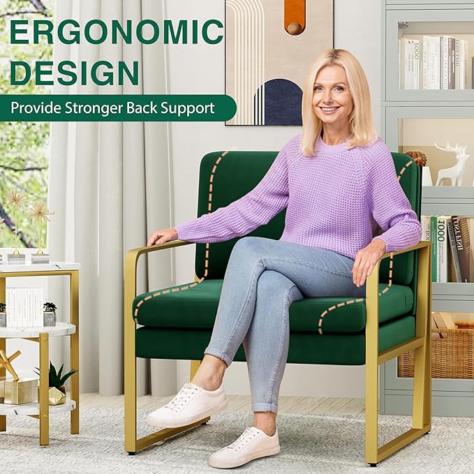ALISH Accent Chairs Upholstered Armchair Modern Living Room Chairs Linen Arm Chair Side Sofa Chairs Reading Chairs with Metal Legs for Bedroom Living Room (Green Set of 1)