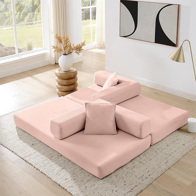 4-in-1 Folding Convertible Floor Sofa Bed 78 Oversized Compression Sofa No Assembly Required King Futon Lazy Couch Corduroy Loveseat Sleeper with Pull Out Bed Modular Futon Couch (Pink)