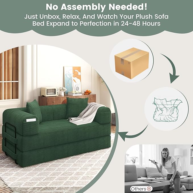 80 Convertible Sofa Bed 5 in 1 Modular Boneless Couch Sleeper Sofa Bed with Fixed Frame &amp Removable Backrest Pillow Washable Corduroy Futon Sofa Bed Couch in a Box for Small Spaces Dark Green