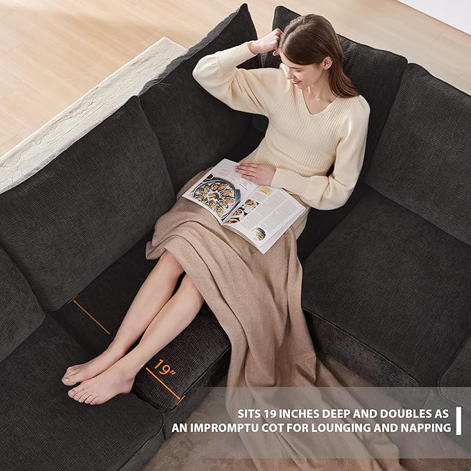 117 Modular Sectional Sofa with Movable ChaiseModern Chenille Cloud Sectional Couch with Deep SeatU Shaped Compressed Boneless Sofa for Living RoomNo Assembly Required (Black)