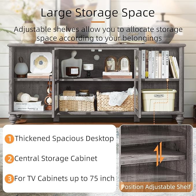 Farmhouse TV Stand for 60 Inch TV Wood Entertainment Center with Adjustable Shelves &amp Glass Door Storage CabinetTelevision Stands for 65 TVSTV Console Table for Living RoomBedroomGrey