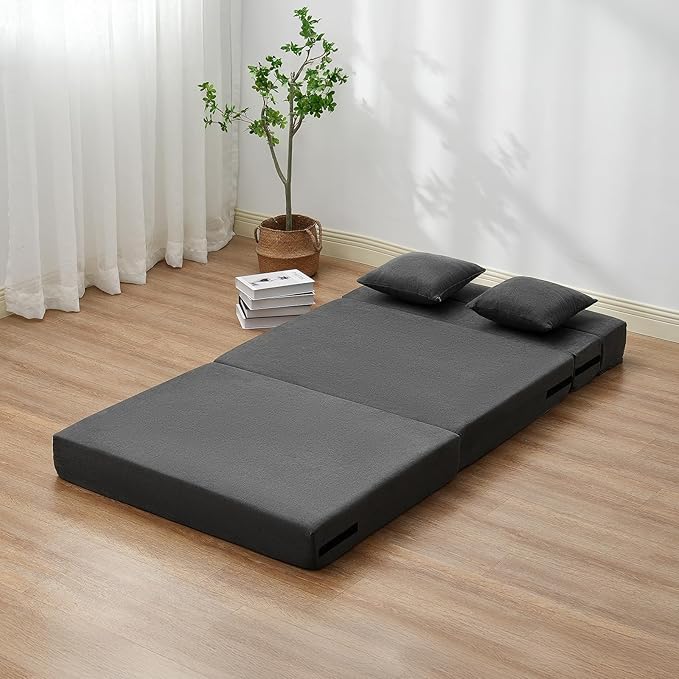 VEVOR Folding Sofa Bed 3-in-1 Foldable Couch Bed with 2 Pillows and Washable Cover 25D High Density Memory Foam Convertible Sleeper Chair Bed Futon Couch for Living Room Bedroom Dark Grey(Twin)