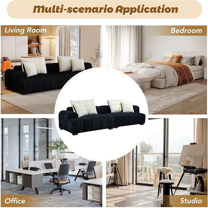 Modern Living Room Sofa Cozy Bedroom Couch 4 Pillows &amp Rubber Wood Legs Black