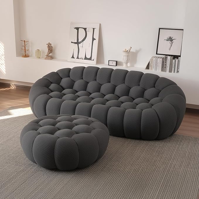 JACH Bubble Sofa with Ottoman Curved Couch Comfy Upholstered Sofa Mesh Fabric 3D Honeycomb Shape Modern Couch for Living Room Office Apartment Small Space (Grey)