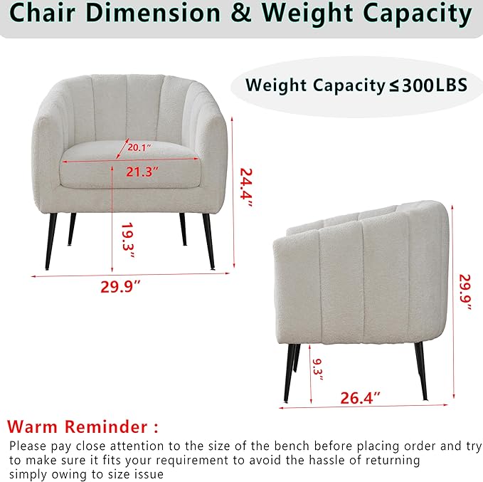 29.9 Chenille Upholstered Barrel Accent Chairs for Living RoomMid Century Modern Fuzzy Round Armchair with Metal LegsChannel Tufted Club Chair with Scoop Arms (Chenille Ivory Armchair)