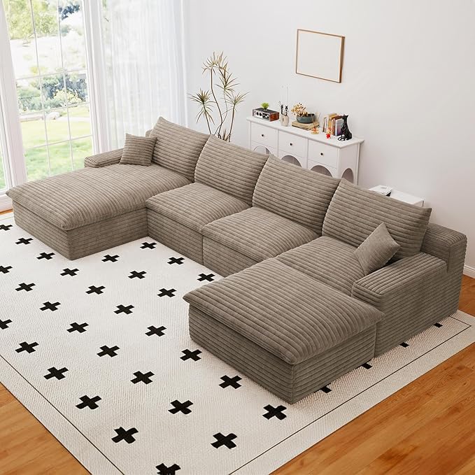136 Cloud Sectional Couch with U-Shaped ChaiseCorduroy Viral Boneless Sofa with OttomanMemory Foam Couches in a Box with Deep Seat for Living RoomNo Assembly Required (CamelLeft-Facing Chaise)