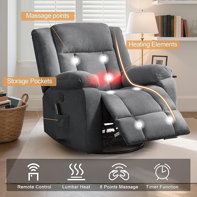 Rocker Recliner Glider Recliner Chairs for Adults 360° Swivel Rocking Chair with Massage and Heating Nursery Chair with Storage and USB Charging for Living Room Nursery Bedroom