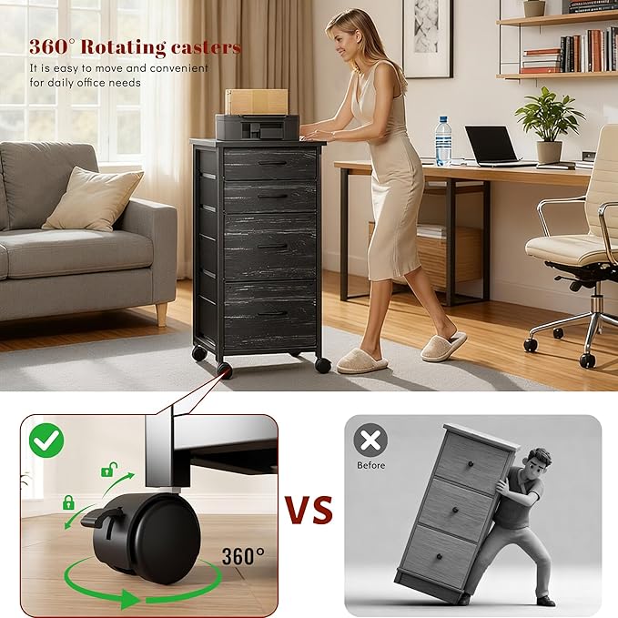 4 Drawers Mobile File Cabinet Vertical Filing Cabinet with Fabric Drawer Fits A4/Letter Size Printer Stand for Home OfficeBlack
