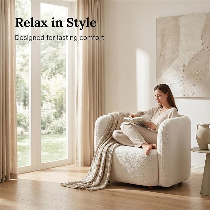 Modern Boucle Accent Square Sofa Chair Oversized Single Cloud Couch Chair Japandi Style 1-Seater Armchair with Thick Foam Comfy Boucle Chair for Living Room &amp Bedroom White