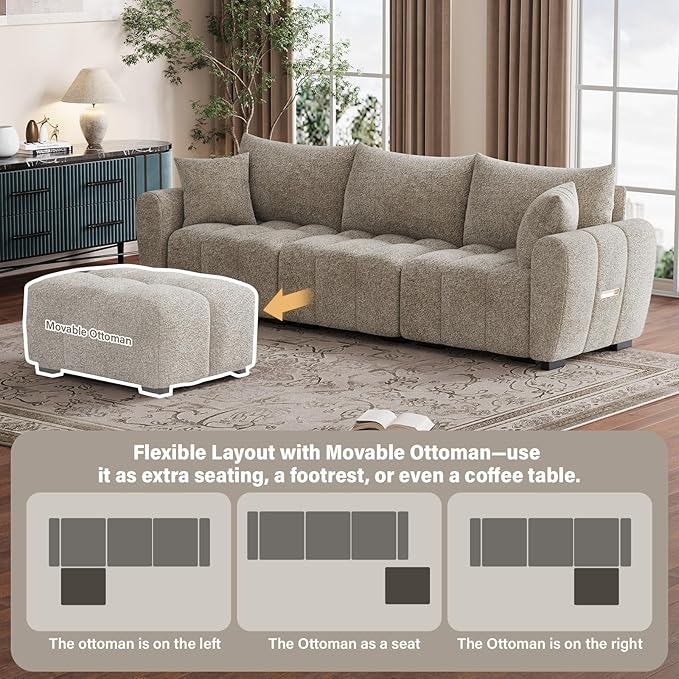 110 L Shaped Modern Boucle Sofa Modular Sectional Cloud Couch with Ottoman Tufted 4-Seat Deep Seat Sofa with Pillows for Living Room Bedroom and Apartment Light Brown