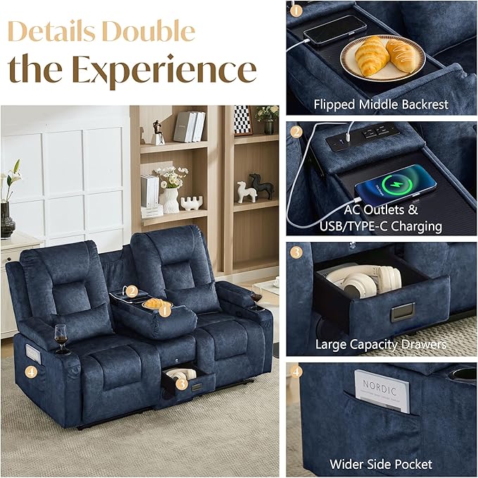 Houjud Manual Reclining Loveseat Sofa with Console Recliner Sofa RV Couch with Bluetooth Speakers USB Charging AC Outlets and Pillow for Home Theater Velvet Blue