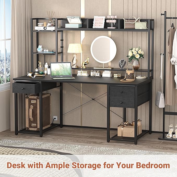 Aheaplus Desk with LED and Outlets Gaming Desk with Hutch 55.2'' Computer Desk with Drawers Reversible Office Desk with Storage Bookshelf Large Workstation Desk with Shelf Desk for Home Black