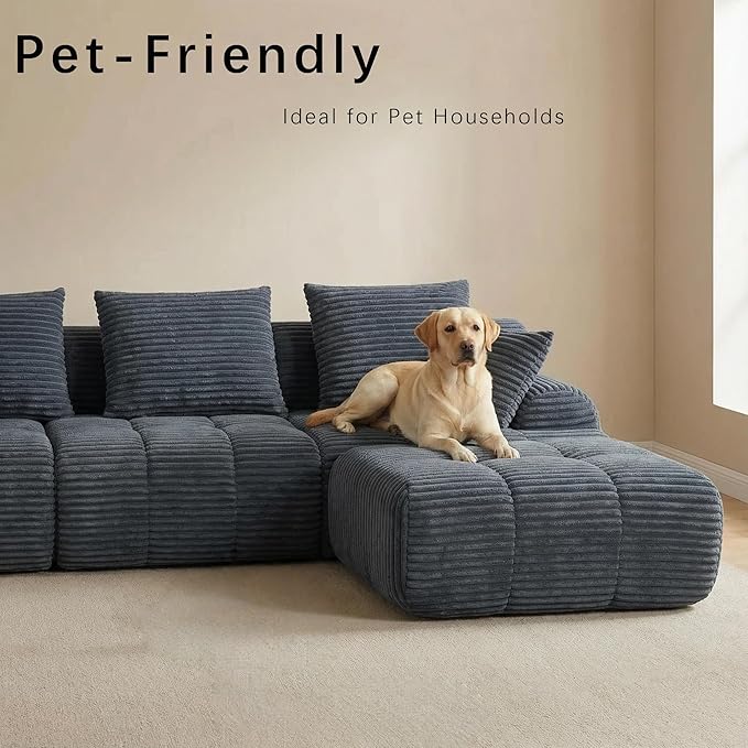 Corduroy L-Shaped Compressed Boneless Sectional Sofa with Ottoman - Retro Soft Upholstered Modular Couch for Living Room &amp Small Apartment Cloud-Like Contouring Seating(Dark Gray)