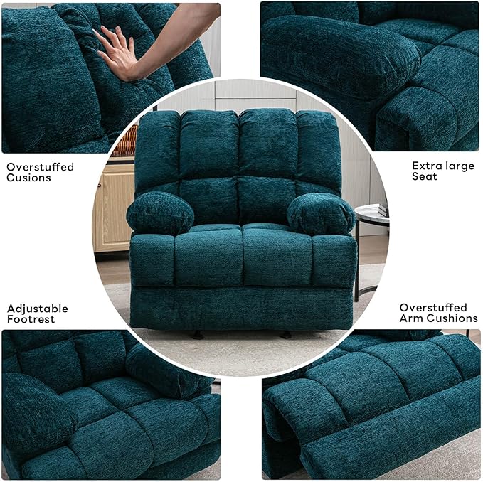 WILLOVE Oversized Rocker Recliner Chair Rocking Recliners Overstuffed Soft Big Man Manual Recliner Extra Large Living Room Chair 350 LBS Capacity Teal L