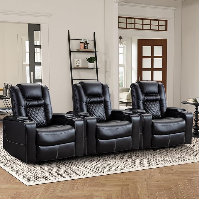 CANMOV Electric Power Recliner Chair Set of 3 Breathable Leather Home Theater Seating with Hidden Arm Storage Power Recliner Chair with USB Ports and Cup Holders for Living RoomBlack