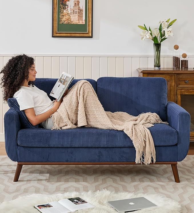 Tbfit Corduroy Couch for Living Room Mid Century Modern Sofa with Spring Cusions for BedroomComfy Upholstered Couches Easy Assembly with Solid Wood Legs &amp 2 Pillows (Blue 65inch)