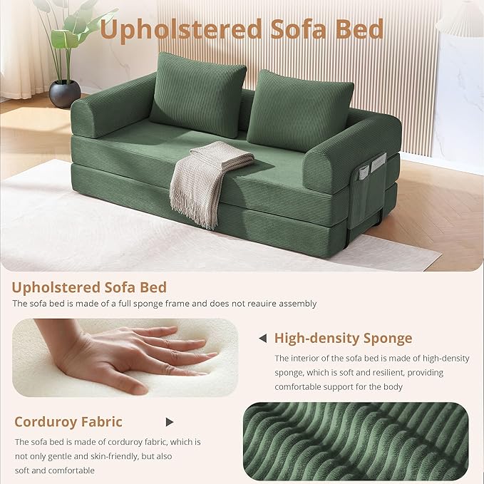 4-in-1 Folding Convertible Sofa Bed 78 Inch Oversized Corduroy Loveseat Sleeper with Pull Out Bed Boneless Futon Couch for Living Room Bedroom No Assembly Needed Green