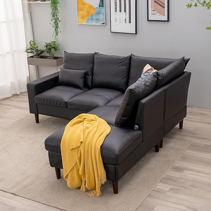 Panana Sectional Sofa 5 Seater L Shape Corner Chaise Sofa for Apartment with Built in USB Port Chaise (Black Artificial Leather 5 Seats Corner Sofa with Built in USB Chaise)