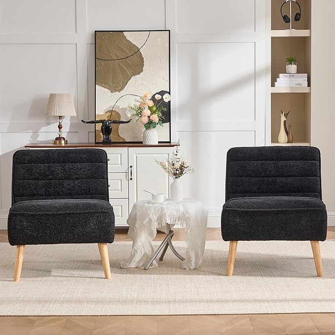 Chifee &amp Vingol Armless Accent Chair Set of 2 Modern Living Room Chairs Upholstered Bedroom Accent Chairs Comfy Makeup Vanity Chair Armless Chair with Wooden Legs for Bedroom Office CafeBlack