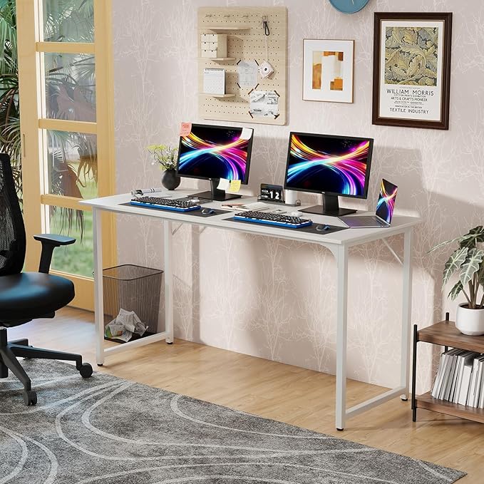 Bigacc Computer Desk Office Desk with Metal Frame Adjustable Feet | Water-Resistant Scratchproof Surface | Sturdy Writing Table for Home Office or Study (White 55 Inch)