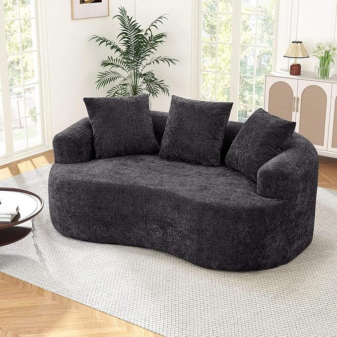 60 Curved Sectional Sofa for Small Spaces - Plush Chenille Modern Cloud Loveseat with Pocket Springs &amp Memory Foam Boneless Floor Couch for Living Room 27.6 Extra Deep Seat No Assembly (Black