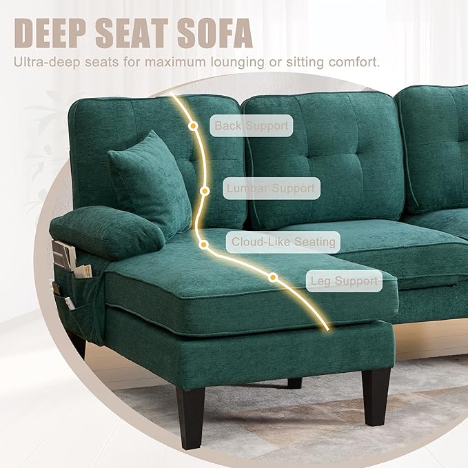 100'' U-Shaped Sectional Sofa with Double Chaise Minimalist 4-Seater Couch with 2 Pillows Sofa Set with Arm &amp 2 Side Pocket for Living Room Apartment (Green)