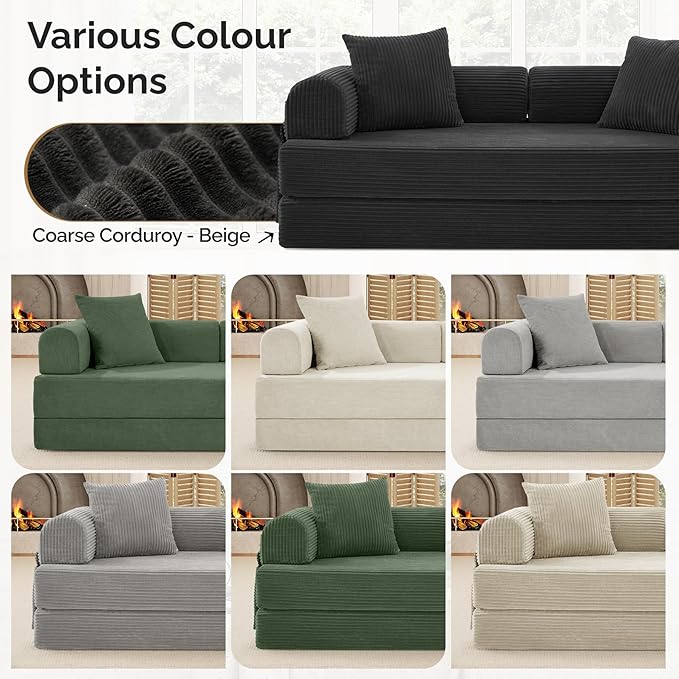 Convertible Corduroy Sleeper Sofa Bed with Cylindrical Pillow Folding Mattress Couch with Fixed-Shape Frame Floor Sofa Lounge Couch for Living Room Bedroom Lounge Studio Black