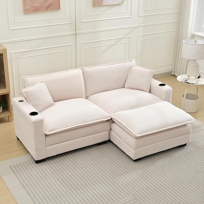 KIVENJAJA Corduroy Cloud Sectional Couch Modular Oversized Loveseat Sofa with Ottoman Cup Holders &amp USB Port Comfy 2 Seater Love Seat for Living Room Small Space 82.7”W Beige