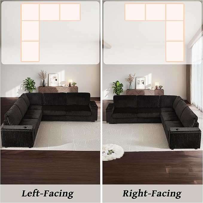 Black Sectional Couches for Living Room Oversized Corduroy Couch Large L-Shaped Corner Couch with Storage Armrests USB Charging &amp Cup Holder 5 Seater Modular Sectional Sofa (Black)