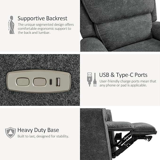 MCombo Power Swivel Rocker Recliner Chair Oversized Power Recliner Chair for Big and Tall People 400lbs Heavy Duty Recliners USB Charge Ports for Living Room Office Fabric OE678 (Dark Grey)