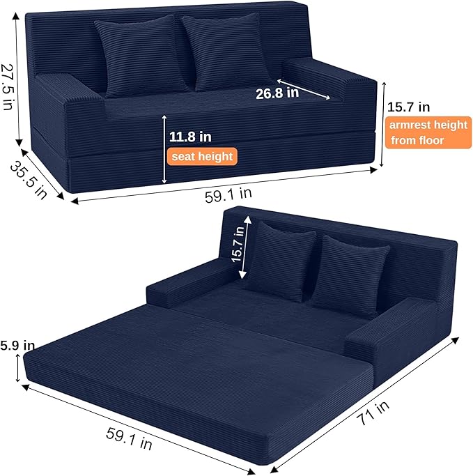 MeMoreCool Corduroy Boneless Sofa Bed Queen – Folding Futon Couch with High-Density Foam Convertible Floor Sleeper &amp Pillow Machine-Washable Cover for Guest Room Bedroom Small Apartment