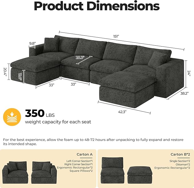 151'' 6 Seater Memory Foam Couch with Ottoman Modular Sectional Sofa for Living Room Boneless Couch Sectional with Memory Foam No Assembly Big Couch Set Black | Ergonomic Bolster
