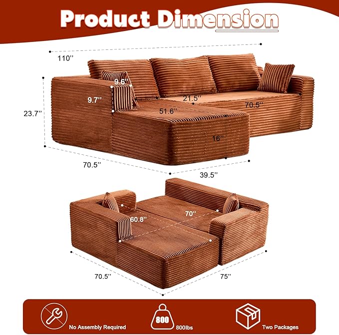 110 Modular Sectional Boneless Couchw ith Chaise LoungePlush Corduroy Upholstered Cloud CouchDeep Seat L-Shaped Floor SofaCompressed Packaging for Easy DeliveryNo Assembly NeededOrange