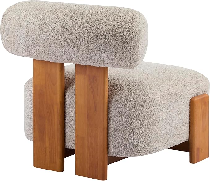 Modern Sherpa Accent Chair Upholstered Armless Slipper Chair Cute Furry Chairs with Curved Backrest and Solid Wooden Legs Side Chairs for Living Room Bedroom Reading Room (Boucle Almond)
