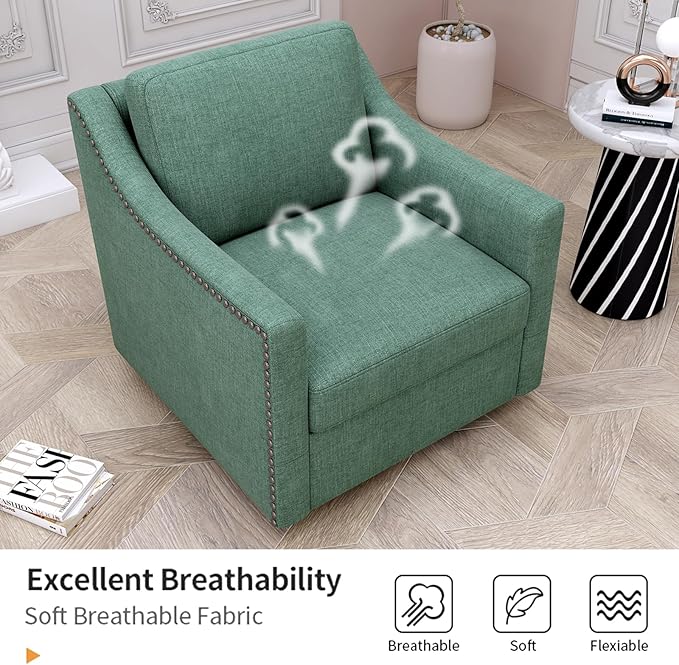Mid-Century Modern Swivel Accent Chair with 360 Degree Rotation Skin-friendly Cotton Linen Fabric Upholstered Armchair with Brass Nailhead Trim Soft Padded Single Sofa Chair for Living Room Green