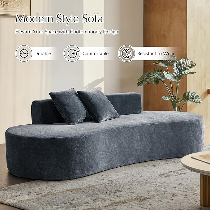 HULALA HOME 94.5 Curved Boneless Couch with Two Pillows Oversized 3 Seater Compressed Foam Sofa with Deep Seat Modern Cloud Couch for Living Room No Assembly Required Blue