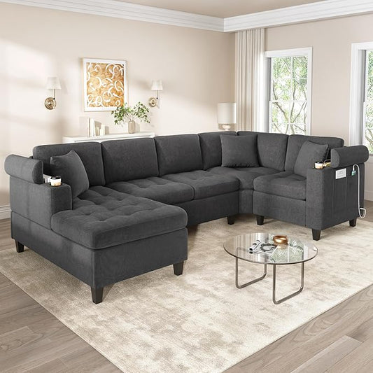 Merax 115.7 U-Shaped Chenille Sectional Sofa 4 Seat Corner Couch Oversized with Built-in Cup Holders 3 Pillows Storage Space for Living Room Grey