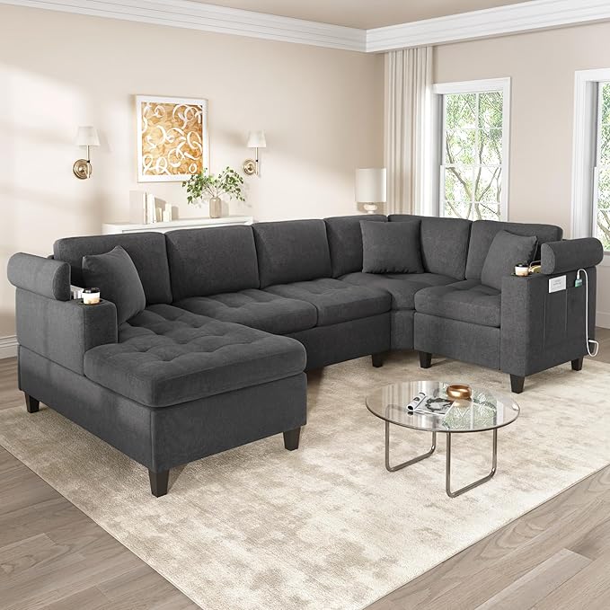 Modern U-Shaped Sectional Sofa 115.7 Corner Sectional Living Room Couch Oversized Sectional with Built-in Cup Holders Storage Space and USB Ports for Living Room (Grey-X22)