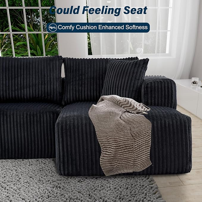 3 Seater L Shaped Sofa with Deep Seat 101 Cloud Sectional Couch with Chaise Cozy Modular Couches Sleeper Oversized Corduroy Sofa for Living Room Bedroom Apartment Black