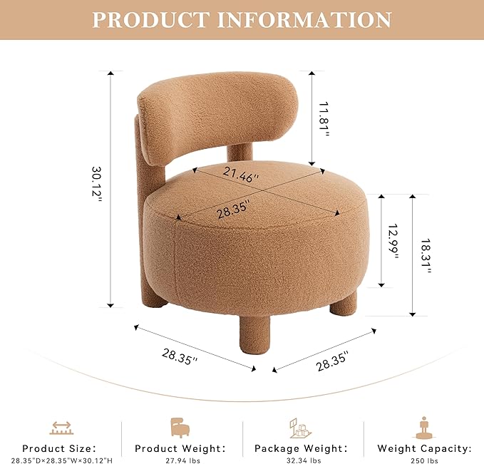 Modern Armless Accent Chair Comfortable Upholstered Living Room Chair with Curved Backrest and Solid Wooden Legs Bedroom Reading Chair Entrance Dressing Table Apartmen (Khaki + Teddy)