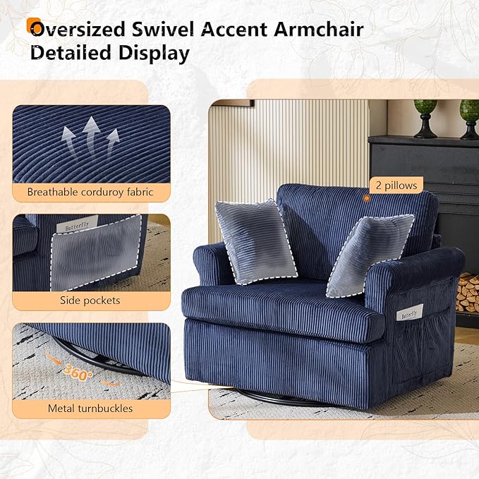 VINGL 39.2 Wide 360° Swivel Accent Armchair with 2 Pillows Oversized Single Sofa Chair and a Half with Side Pockets and Wide armrest for Living Room Bedroom Reading Room Corduroy Blue