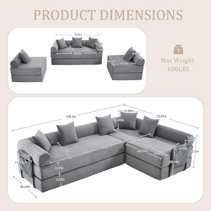 106 Oversized Convertible Sleeper Sofa Bed Corduroy L Shape Sectional Couch Folding Sofa Bed with Side Pocket Modern Cloud Floor Mattress Couch Modular Sofa for Living Room Gray