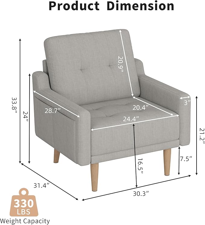 EJUNQ Mid Century Accent Chair Upholstered ArmchairComfy Reading Chair with Wood LegsModern Single Sofa Chair for Living Room Bedroom Small Spaces (1 Grey)