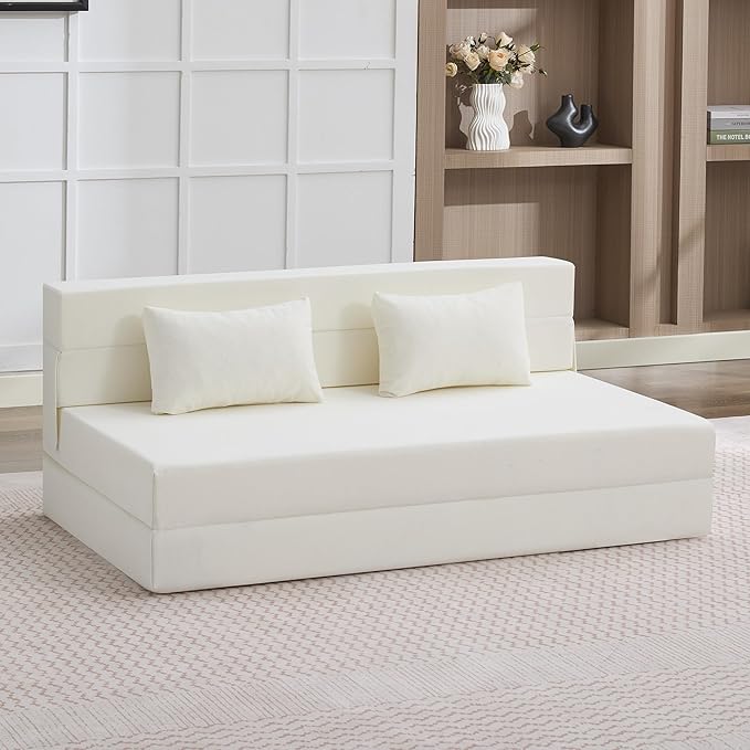 Folding Sofa Bed Convertible Floor Couch Foldable Chair Bed with PillowLinen Sleeper Chair FutonFoldable Memory Foam Mattress for Bedroom/Living Room/Dorm/Office (Beige Queen)