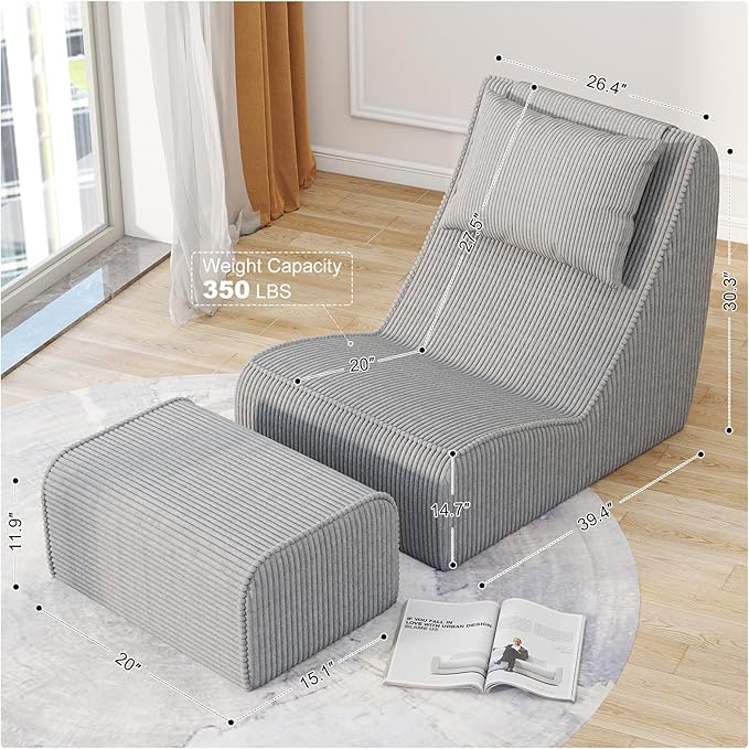 Giant Bean Bag Chair for AdultsCorduroy Chaise Lounge with Unrivaled Back Support Detachable Neck Pillow Comfortable Ottoman &amp Washable Cover for Living Room Bedroom Garden (Grey)