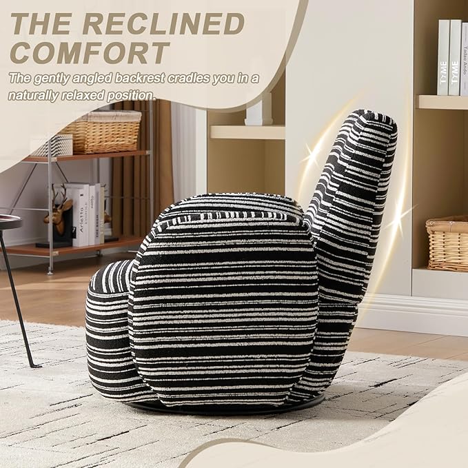 360° Swivel Accent Chair with Armrest Modern Striped Upholstered Lounge Chair Stable Round Base &amp Sturdy Metal Frame Armchair for Bedroom Living Room Office &amp Vanity (Black)