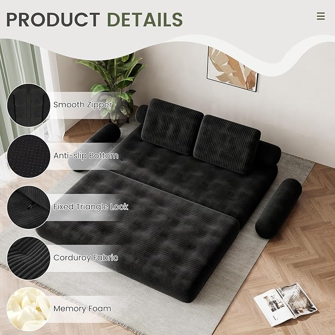 59 Convertible Sofa Bed 5-in-1 Folding Loveseat Sleeper Chair with Pillows Removable Armrests Fold Out Boneless Couch Futon Floor Mattress Lounge for Apartment Dorm Living Room - Black Full