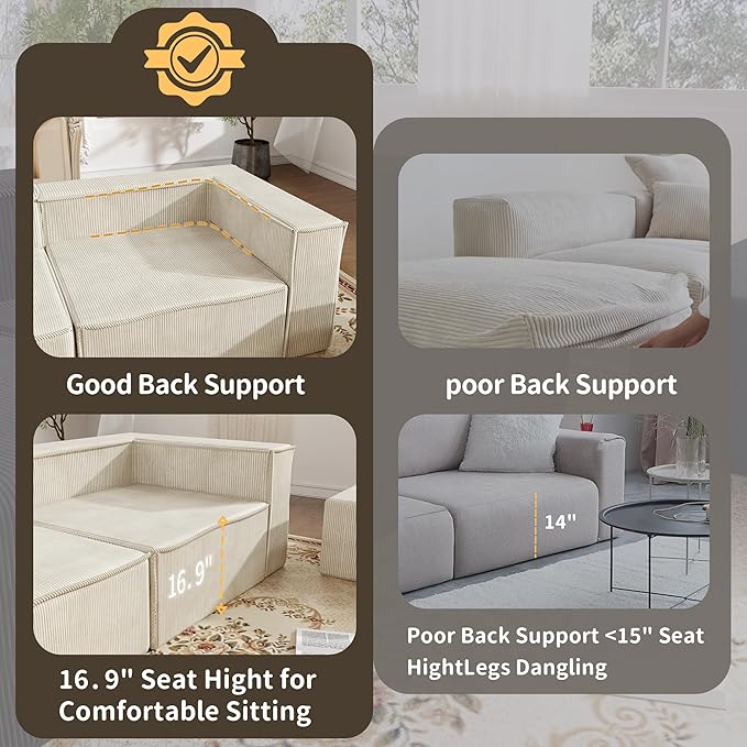 DONICK Premium Modern Modular Sectional Comfy Cloud Couch Corduroy Sofa with Deep Seat Upholstered Couches DIY Combination No Assembly Required for Living Room Bedroom Beige Armless
